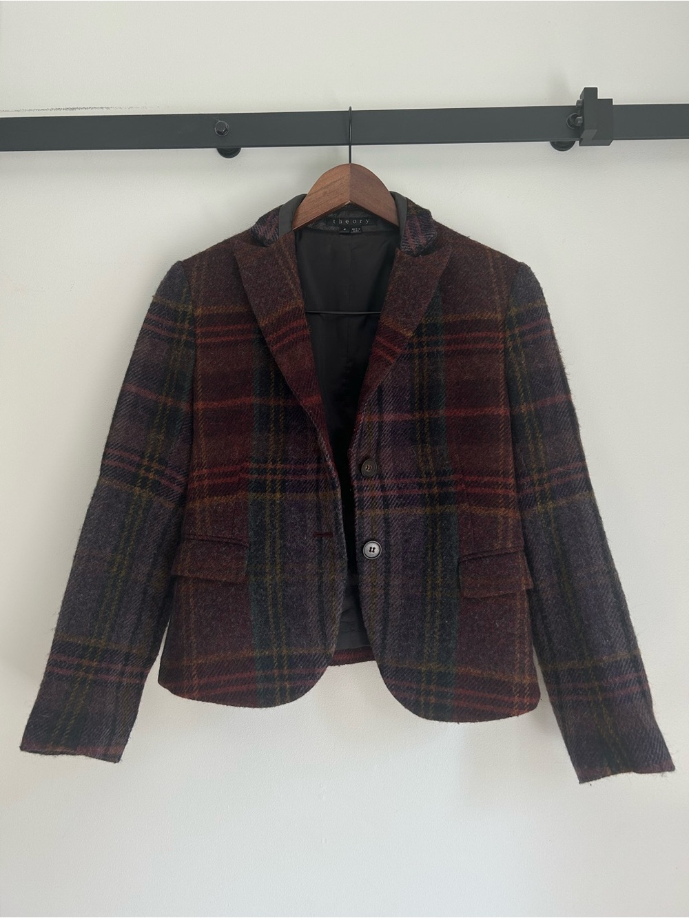 Theory Lambswool Angora Leather Check Plaid Fitted Waist Blazer Jacket Size 6